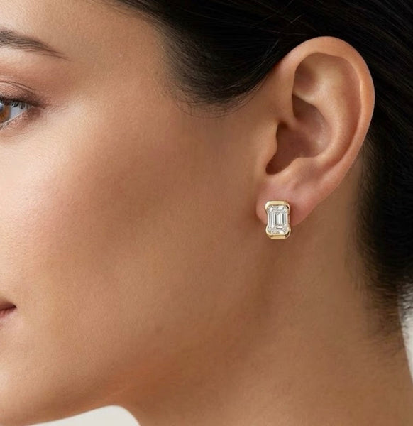 VITTORIA - Half Bezel Emerald Diamond Stud Earrings
